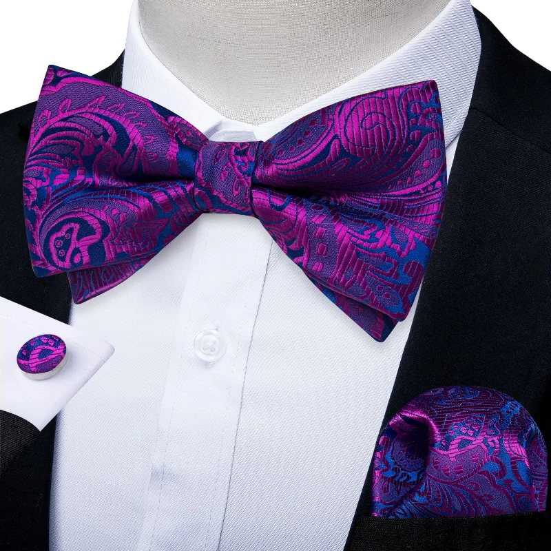 affordable silk bow ties for corporate wear-Ties2you Silk Bow Tie Purple Blue Paisley Mens Pre-tied Bowtie Pocket Square Cufflinks Set