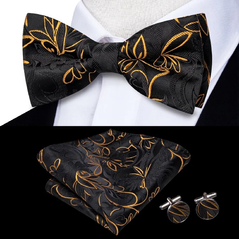 stylish silk wedding necktie designs for men-Ties2you Tuxedo Bow Tie Black Gold Floral Silk Men's Formal Pre-tied Bowtie Set