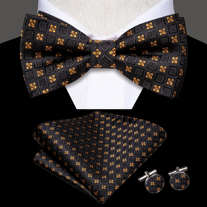 luxury silk necktie sets for office wear-Ties2you Tuxedo Bow Tie Black Gold Plaid Silk Men's Pre-tied Bowtie Business Set