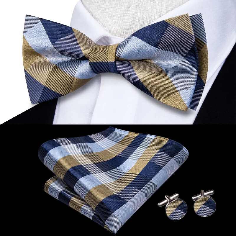 elegant silk necktie sets for business events-Ties2you Tuxedo Bow Tie Brown Blue Plaid Silk Men's Formal Pre-tied Bowtie Set