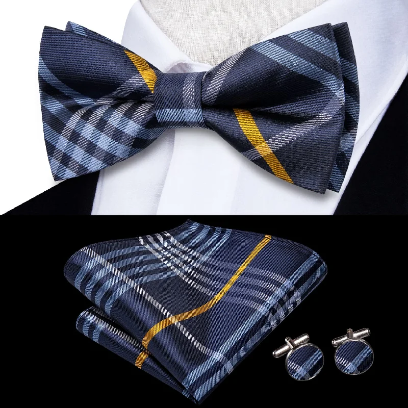 unique silk wedding necktie designs for men-Ties2you Tuxedo Bow Tie Deep Blue Striped Silk Men's Formal Pre-tied Bowtie Set