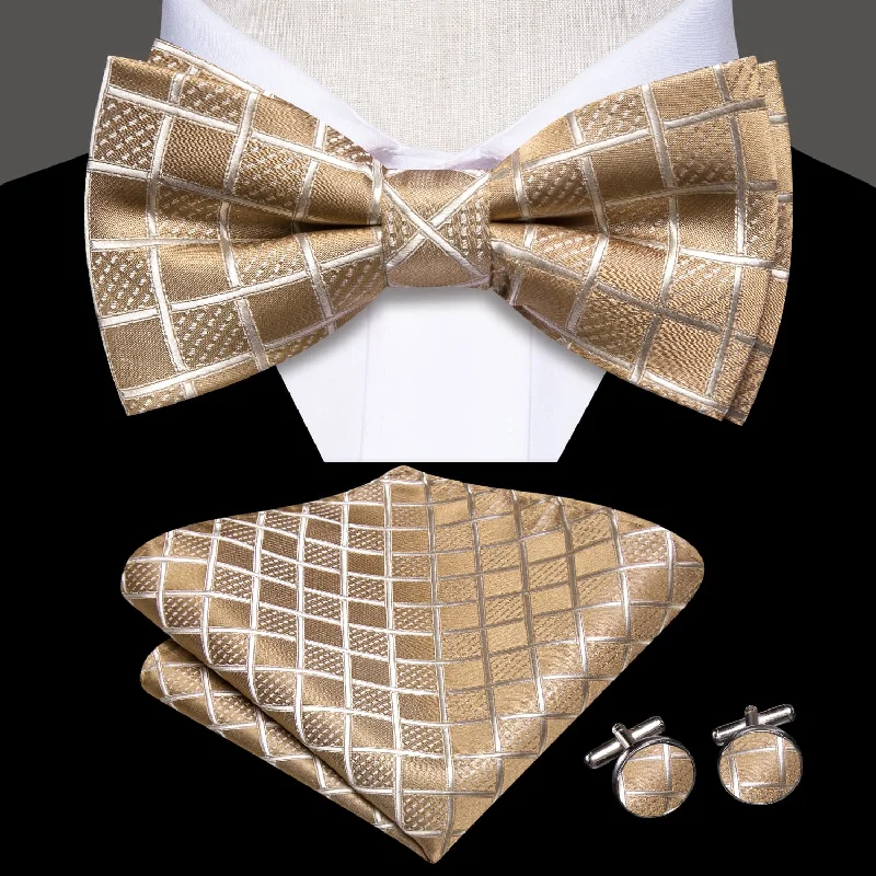 slim silk wedding necktie designs for men-Ties2you Tuxedo Bow Tie Khaki Plaid Silk Men's Pre-tied Bowtie Pocket Square Cufflinks Set