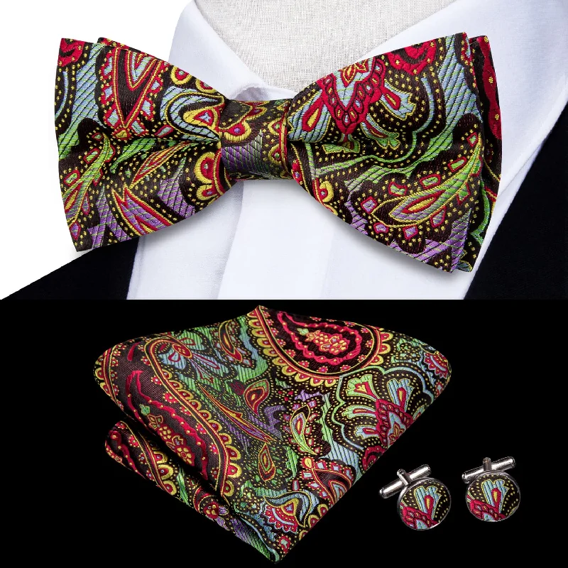 high-end silk necktie patterns for office meetings-Ties2you Tuxedo Bow Tie Multicolor Paisley Silk Men's Formal Pre-tied Bowtie Set