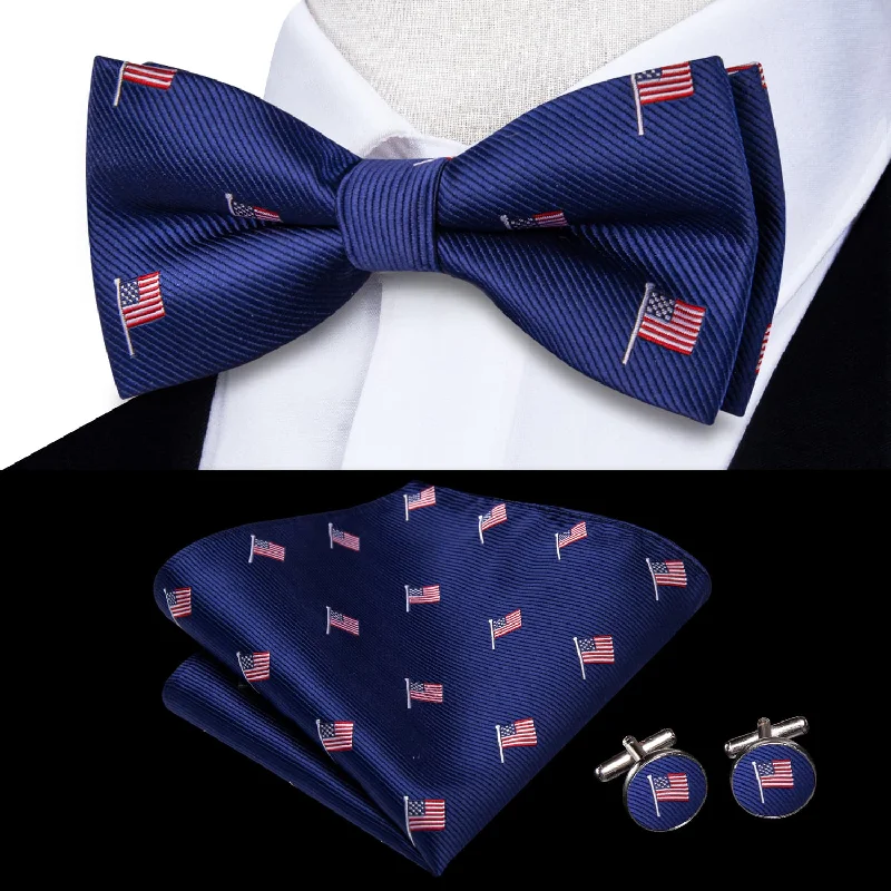 trendy silk wedding necktie options for men-Ties2you Tuxedo Bow Tie Navy Blue American Flag Solid Silk Men's Business Pre-tied Bowtie Set