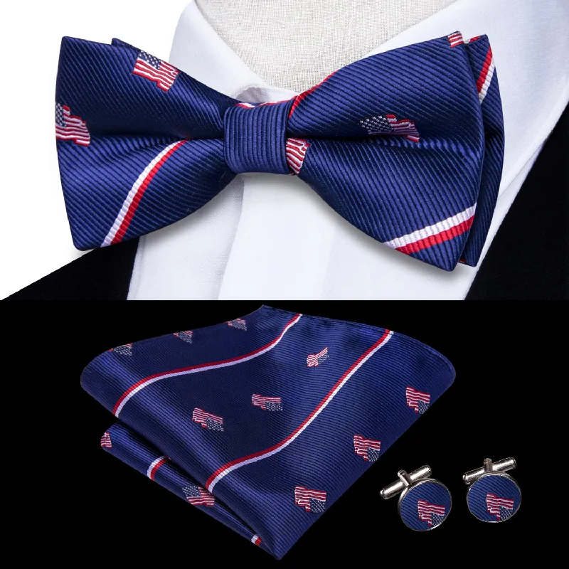 high-end silk necktie ideas for office meetings-Ties2you Tuxedo Bow Tie Navy Blue American Flag Striped Silk Men's Pre-tied Bowtie Set