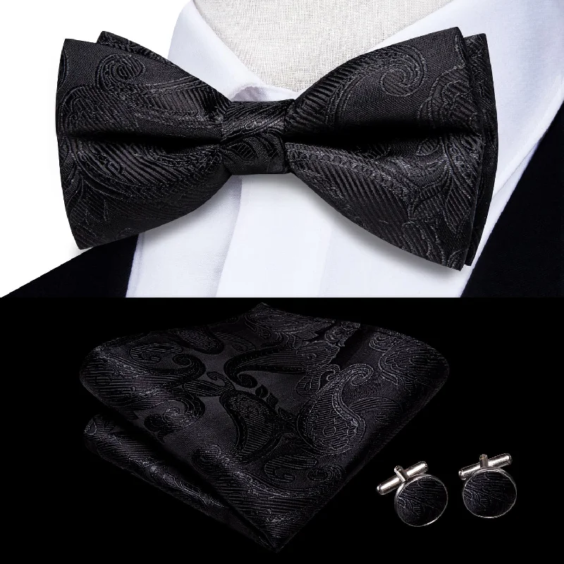 vibrant silk wedding necktie designs for men-Ties2you Tuxedo Bow Tie Smoky Black Paisley Silk Men's Formal Pre-tied Bowtie Set