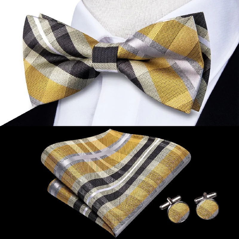 luxury silk wedding necktie options for men-Ties2you Tuxedo Bow Tie Yellow Black Striped Silk Men's Formal Pre-tied Bowtie Set