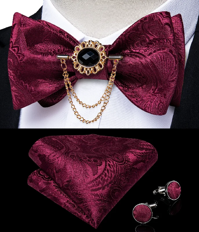 trendy silk necktie sets for wedding events-Ties2you Wedding Bowtie Burgundy Wine Red Paisley Self-Tied Silk Bow Tie Pocket Square Cufflinks Set With Lapel Pin