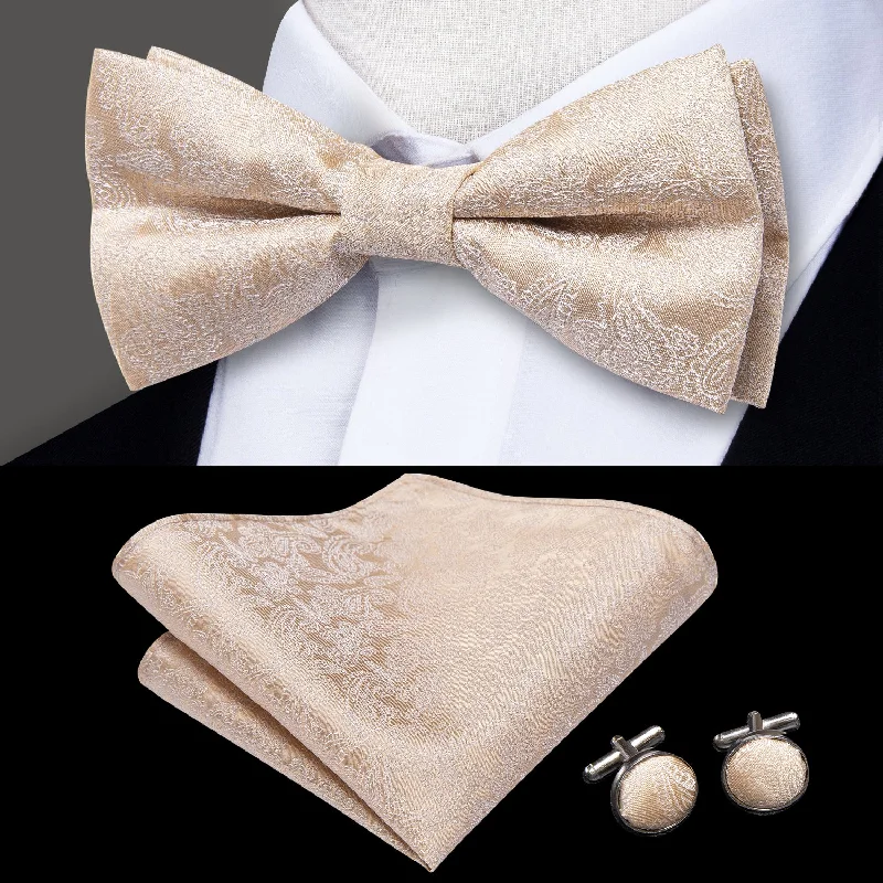 slim silk necktie designs for office meetings-Ties2you Wedding Tie Champagne Men's Pre-Tied Bow tie Pocket Square Cufflinks Set