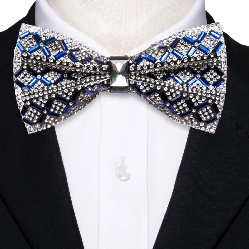 stylish silk necktie designs for office meetings-White Rhinestone with Blue Imitated Crystal Bowtie Men's Pre-tied Bowtie for Party