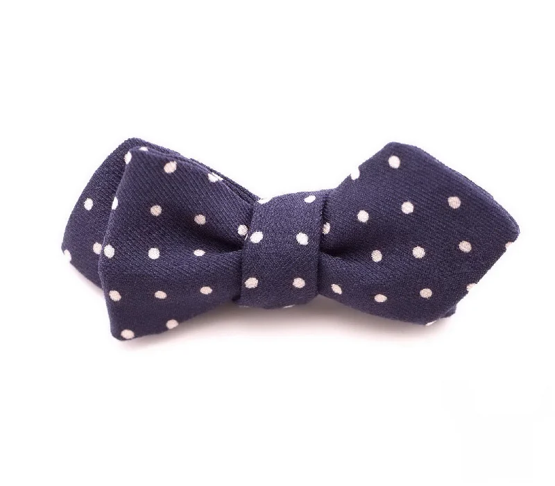 trendy silk necktie patterns for office meetings-Navy & White Polka Dot Wool Challis Bow Tie