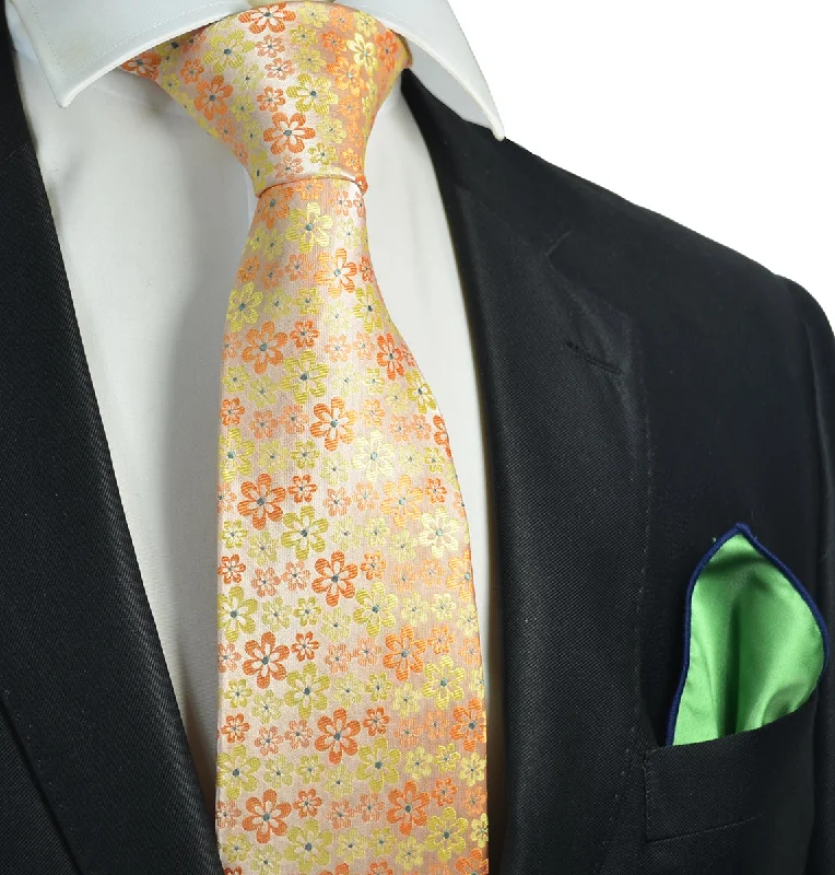 high-end silk necktie combinations for office wear-Yellow Floral Men's Tie and Pocket Square