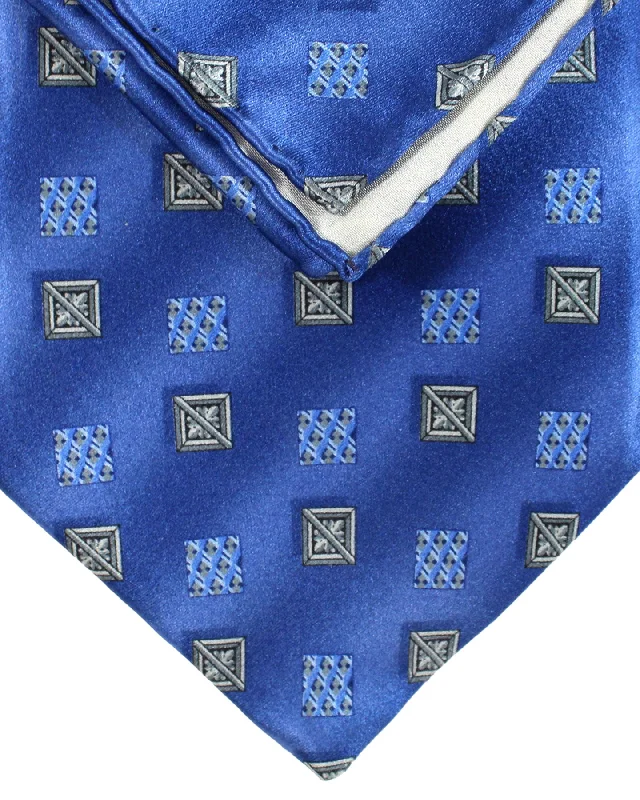 stylish silk wedding tie options for men-Zilli Silk Tie & Matching Pocket Square Set Blue Silver Geometric SALE