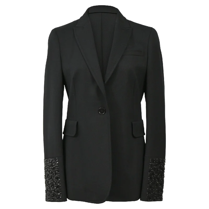 Men's premium tuxedo for wedding reception party -Akris Punto Single-Breasted Beaded Cuff Blazer in Black Wool