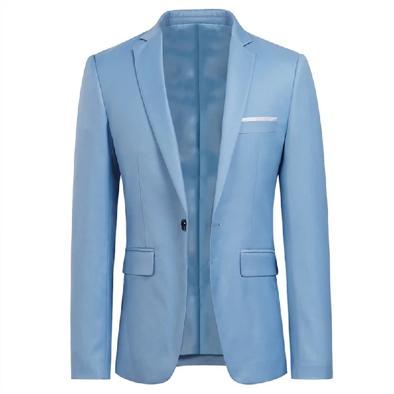 Men's tailored tuxedo for business wedding reception -Baby Blue Stylish Blazer One Button Casual Blazer