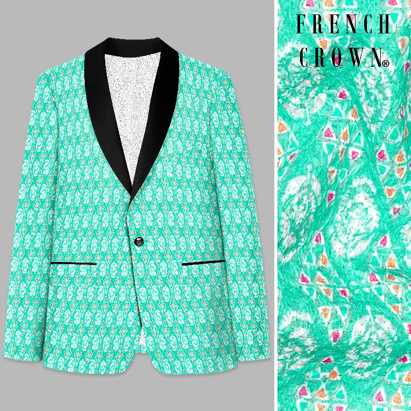 Men's slim fit tuxedo jacket for formal gala -Caribbean Blue And Brilliant Rose Pink Designer Thread Embroidered Tuxedo Blazer