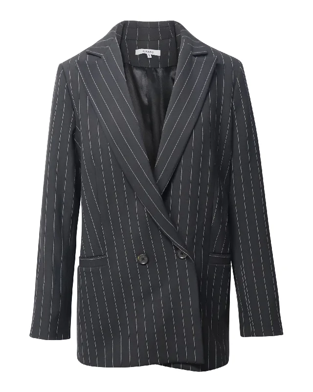 Men's slim fit tuxedo with satin finish for office event -Ganni Striped Double-Breasted Blazer in Black Polyester