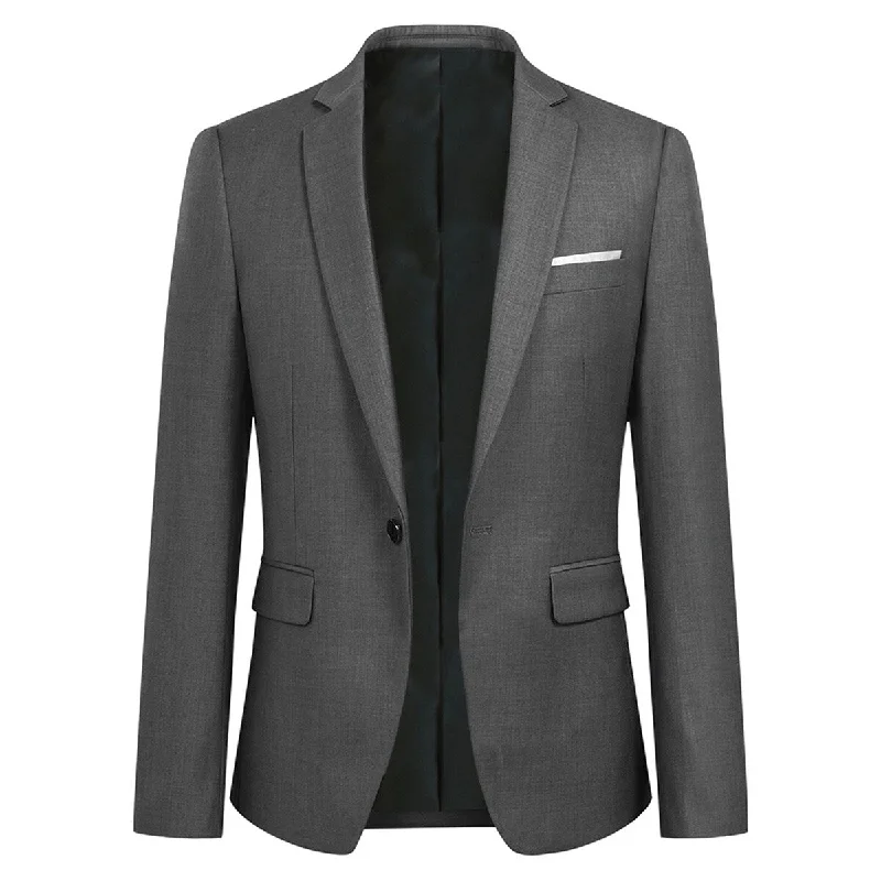 Men's wool tuxedo jacket for office business dinner -Grey Stylish Blazer One Button Casual Blazer