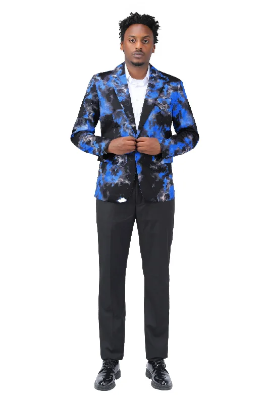 Men's tailored tuxedo jacket for business event -Slim Fit Flame Print Blue Blazer