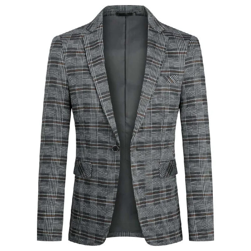 Men's tailored tuxedo jacket for formal business meeting -Plaid Stripe Jacket Slim Fit Casual Blazer Coat