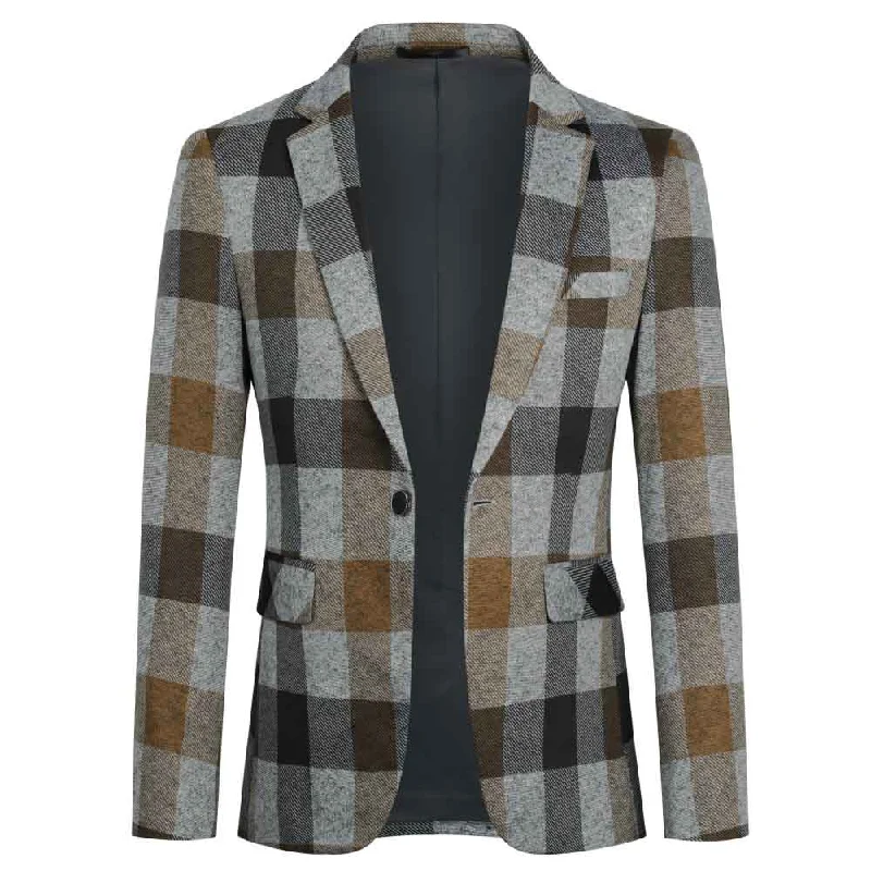 Men's wool tuxedo jacket for business wedding event -Plaid Stripe Jacket Slim Fit Casual Blazer Coat