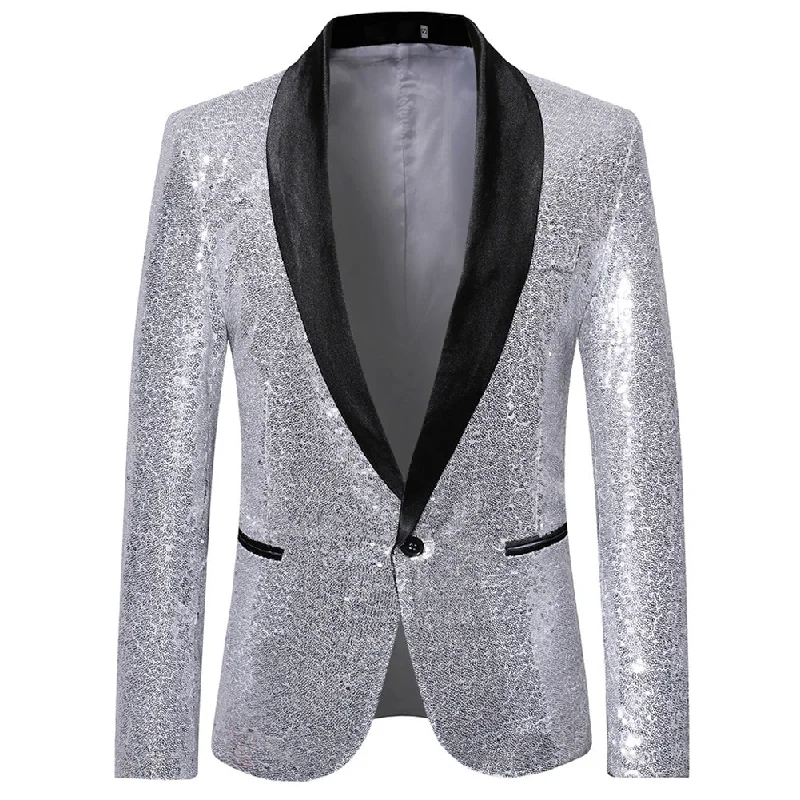 Men's tailored tuxedo jacket for wedding evening reception -Shiny Sequin Jacket Silver Party Dinner Blazer