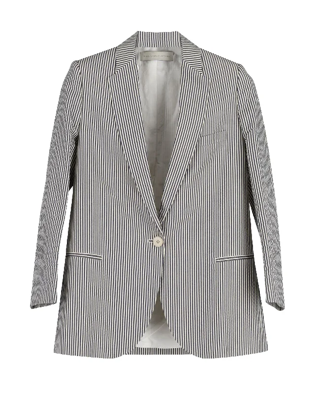 Men's designer tuxedo jacket for corporate wedding event -Stella Mccartney Striped Single-Breasted Blazer in Black Print Seersucker Cotton