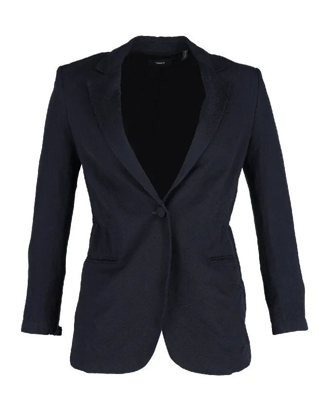 Men's premium tuxedo jacket with satin collar for wedding -Theory Elasticated Waist Blazer in Navy Blue Triacetate