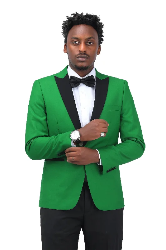 Men's slim fit tuxedo with satin lapels for evening dinner -3 Piece Men's Suits One Button Slim Fit Peaked Lapel Tuxedo Green