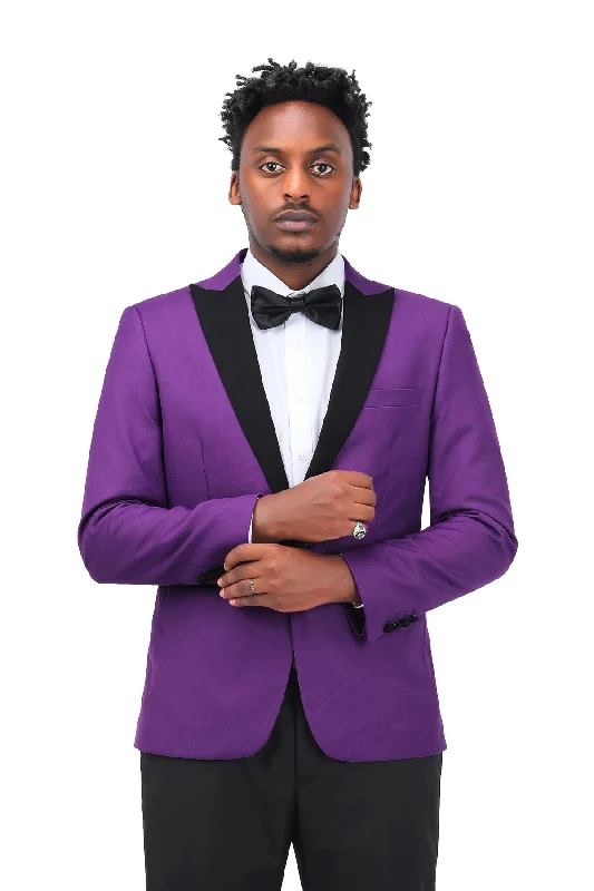 Men's wool tuxedo jacket for business gala -3 Piece Men's Suits One Button Slim Fit Peaked Lapel Tuxedo Purple