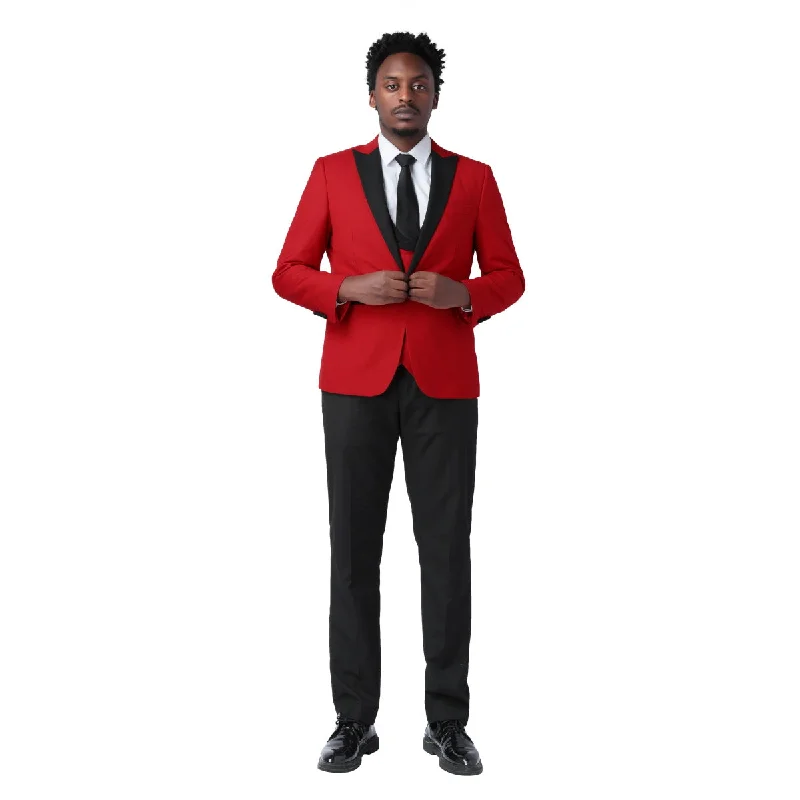 Men's modern tuxedo jacket for office gala dinner -3 Piece Men's Suits One Button Slim Fit Peaked Lapel Tuxedo Red