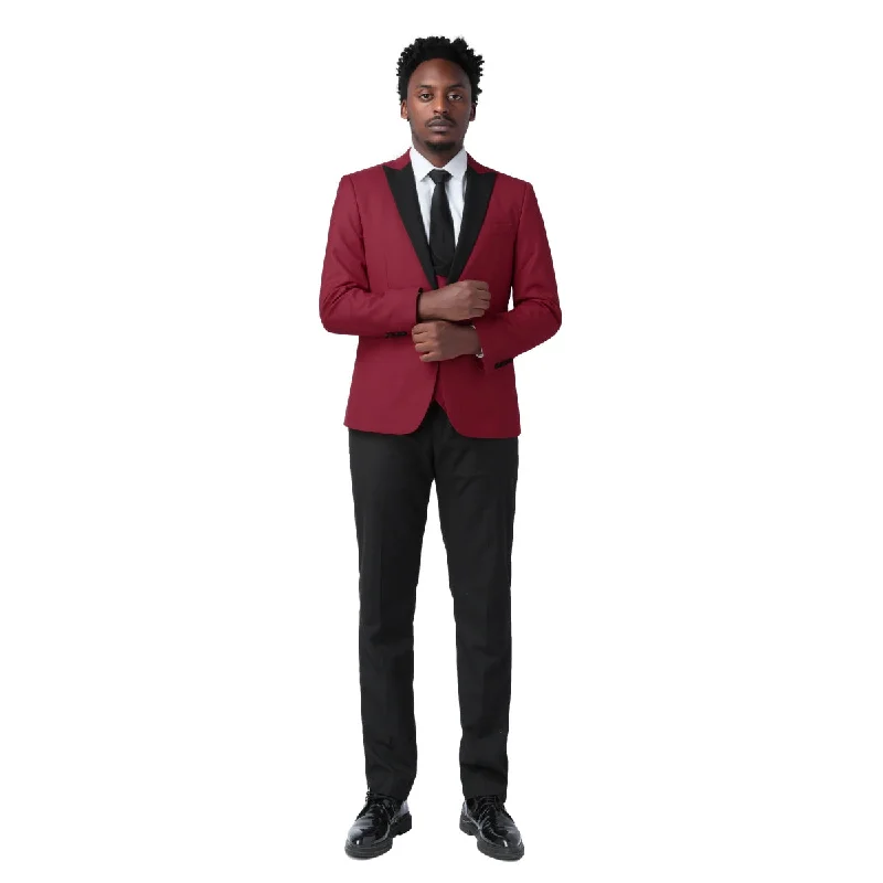 Men's modern tuxedo jacket for formal office dinner -3 Piece Men's Suits One Button Slim Fit Peaked Lapel Tuxedo Wine Red