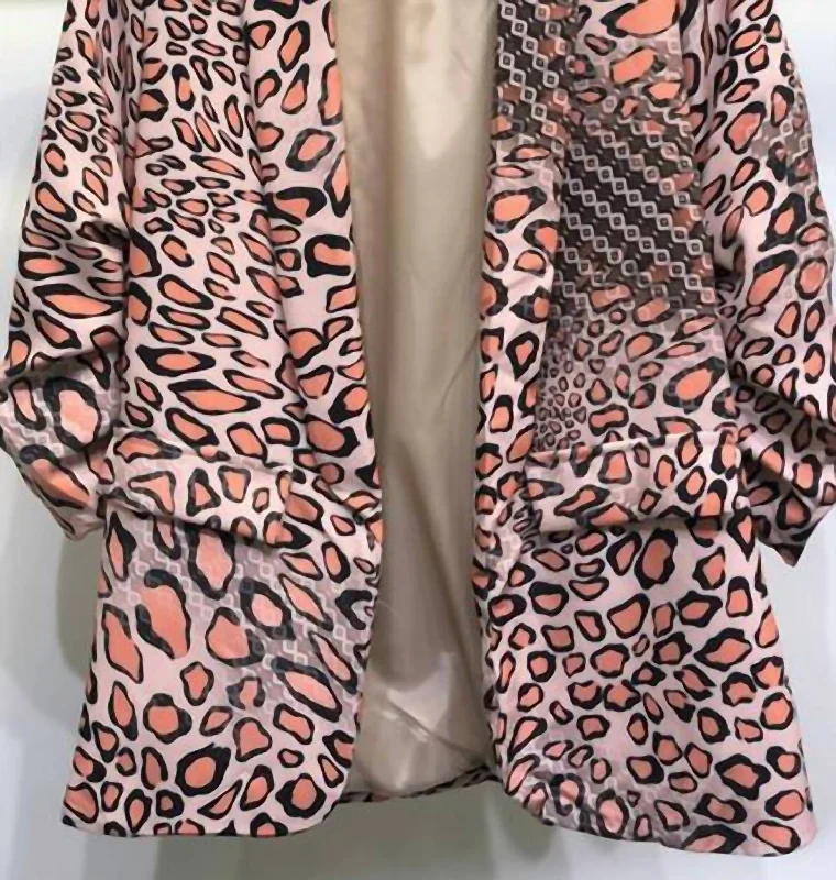 Men's wool tuxedo jacket for evening gala event -Abstract Leopard Print Ruched Sleeve Blazer In Cameo Rose