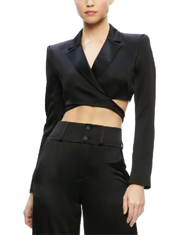 Men's designer tuxedo jacket with satin collar for corporate event -alice + olivia Leone Cropped Cutaway Wrap Blazer