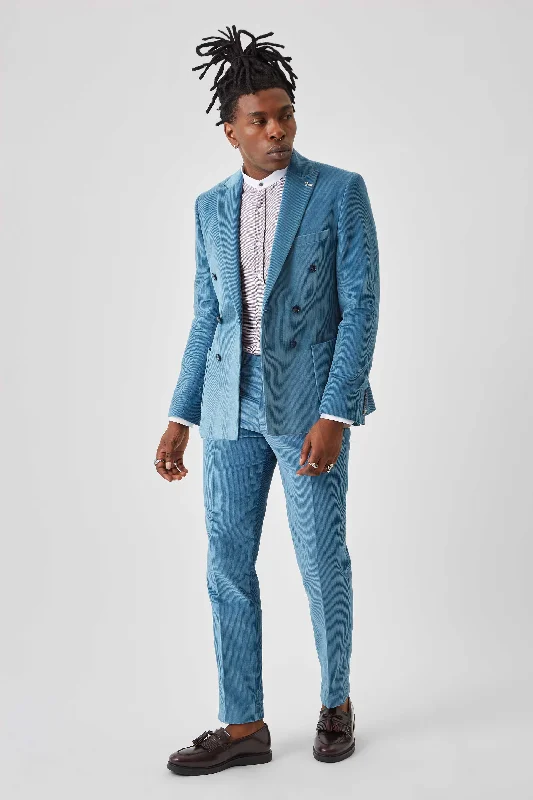 Men's premium tuxedo jacket for evening office event -Harlesden Slim Fit Blue Corduroy Double Breasted Suit - ARCHIVE