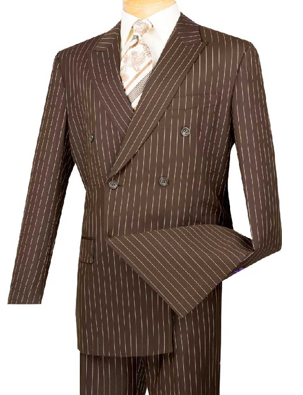 Men's wool tuxedo for wedding gala event -Banker Collection-Men's Double Breasted Pinstripe Brown Suit