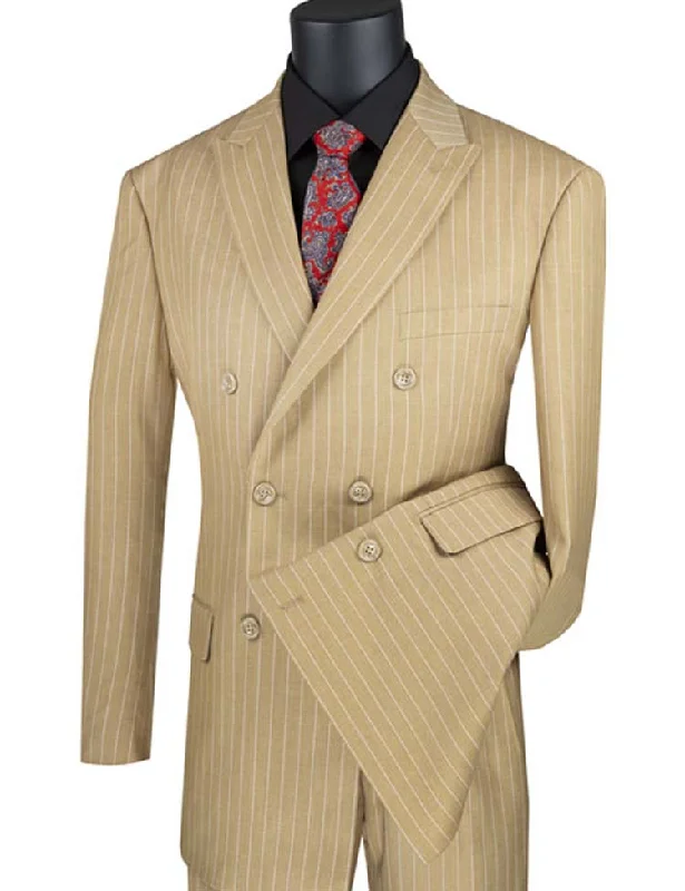 Men's slim fit tuxedo jacket for office formal dinner -Banker Collection-Men's Double Breasted Pinstripe Camel Suit