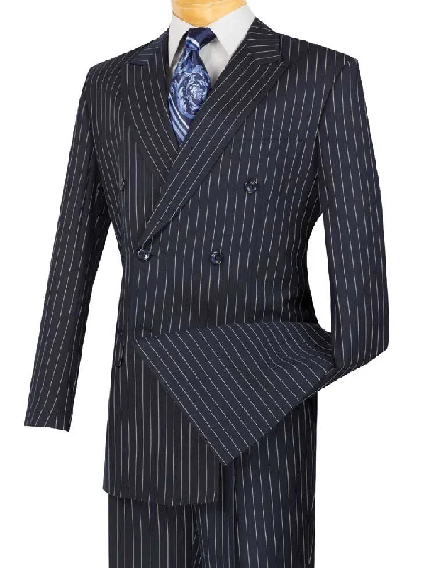 Men's modern tuxedo for business event gala -Banker Collection-Men's Double Breasted Pinstripe Navy Suit