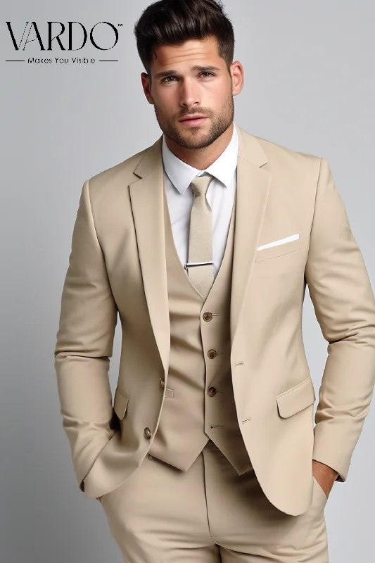 Men's formal tuxedo jacket for office gala event -BEIGE SLIM-FIT SUIT 3-PIECE