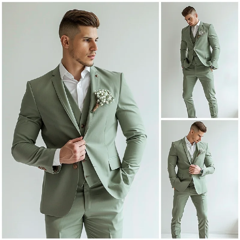 Men's slim fit tuxedo jacket for formal gala -Sage Green Three-Piece Wedding and Business Suit for Men - Elegant and Versatile