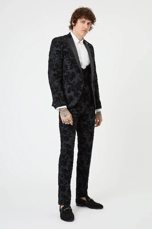 Men's luxury tuxedo jacket for wedding business party -Belsize Skinny Fit Black Floral Tuxedo Suit - ARCHIVE