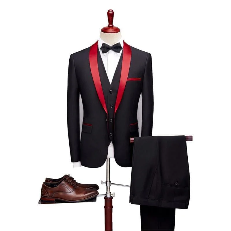 Men's designer tuxedo jacket with satin collar for corporate event -Black and Red Three Piece Tuxedo Suits