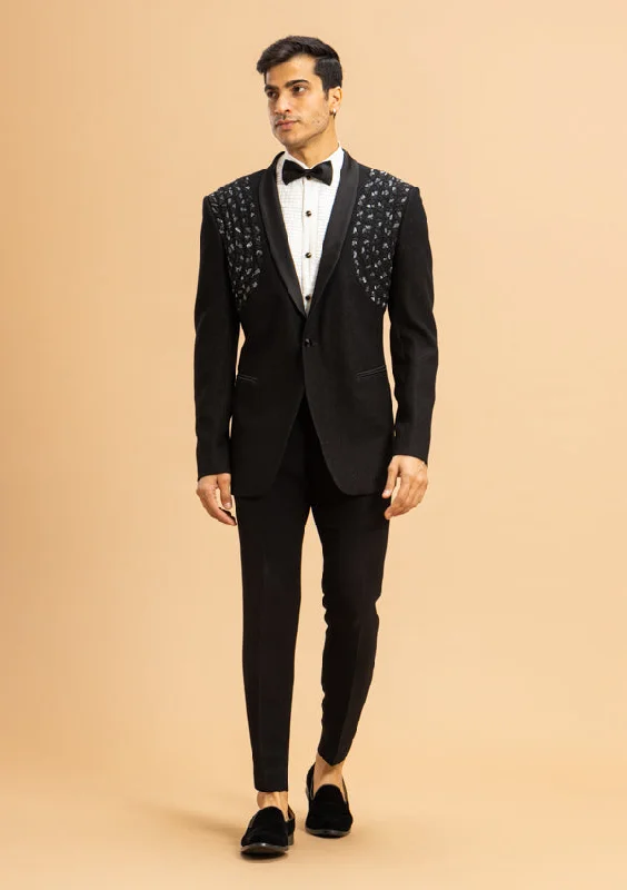 Men's premium tuxedo for wedding reception party -Black Italian Shimmer Suit with Cut dana Moti Work