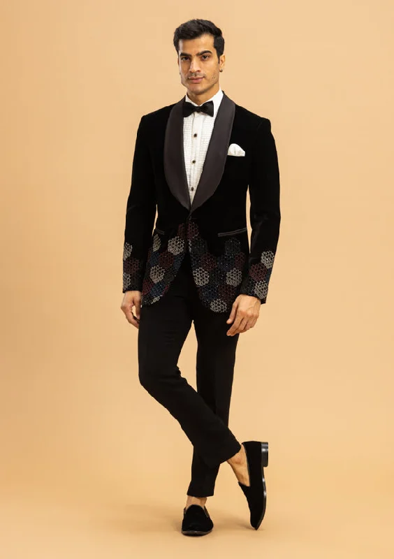 Men's tailored tuxedo for black tie corporate event -Black Velvet Suit with Embroidery and coloured moti work