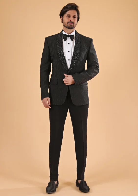 Men's modern tuxedo jacket for formal office dinner -Black Polyviscose suit with Cut Moti Work