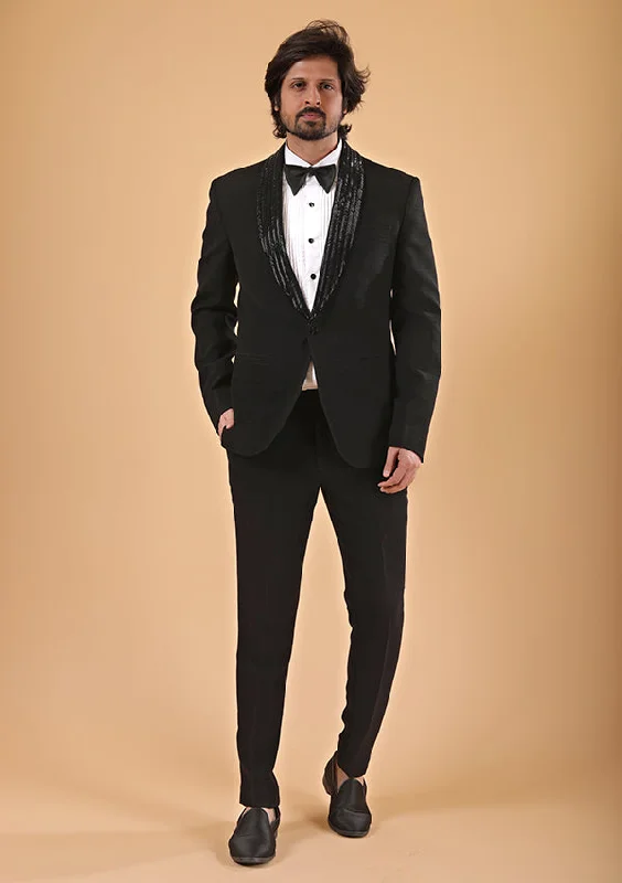 Men's luxury tuxedo for business gala event -Black Polyviscose suit with Cutdana work