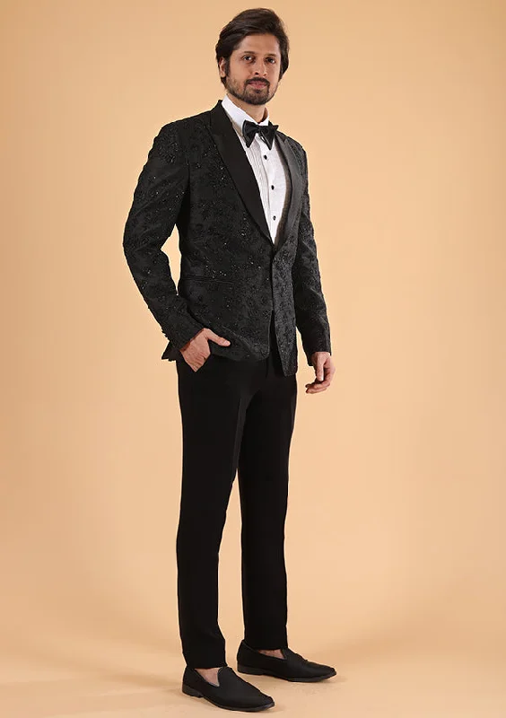 Men's wool tuxedo jacket for corporate business party -Black Raw Silk Suit with Thread and handwork