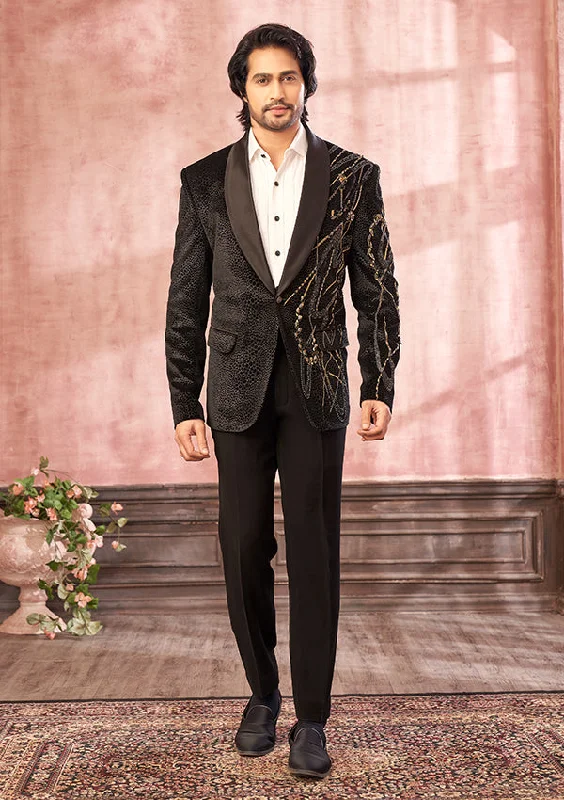 Men's wool tuxedo jacket for business wedding event -Black Snake Finish Suit with Zardosi with Cutdana Work