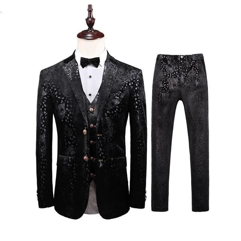 Men's modern tuxedo for formal wedding dinner -Black Three Piece Men's Floral Print Suit