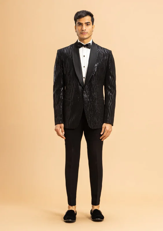 Men's wool tuxedo jacket for wedding event -Black Self-Work Fabric Suit with Self Tikki Work